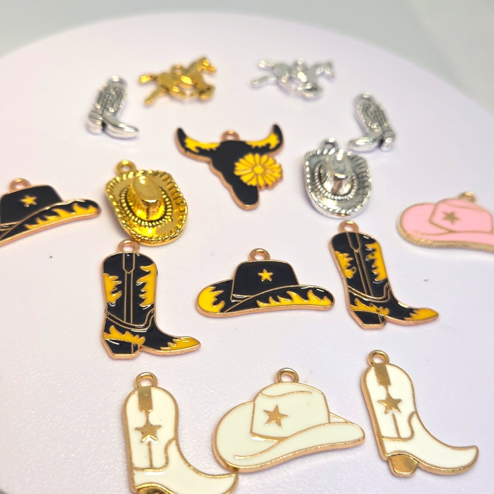 Western Charm Set - Gold, Black, White, Pink.  15 Charms.